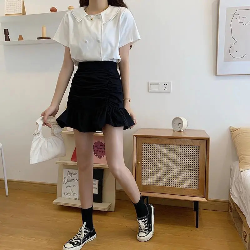 High Waist Ruched Front Ruffle Hem Bodycon Mini Skirt 5