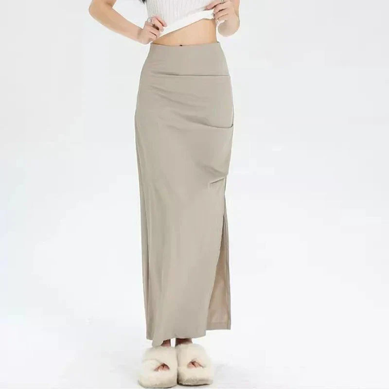 Slit Pleated Solid Long Skirt Vintage Korean Casual Skirt