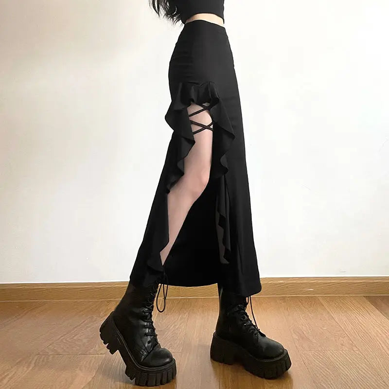High Waist Ruffle Side Slit Lace Up Mermaid Midi Skirt 3