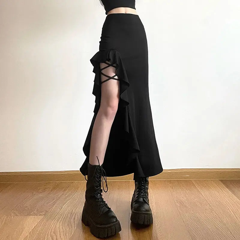 High Waist Ruffle Side Slit Lace Up Mermaid Midi Skirt 4