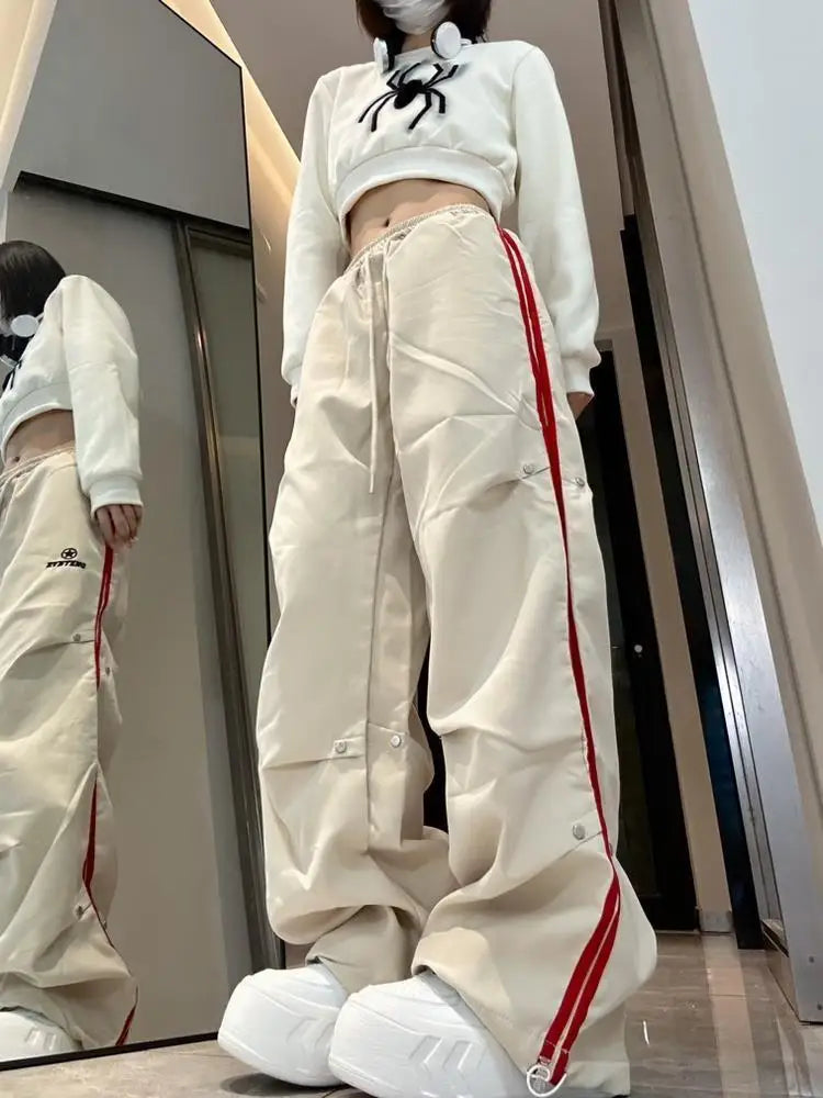 Side Stripe Snap Button Drawstring Waist Wide Leg Track Pants 4
