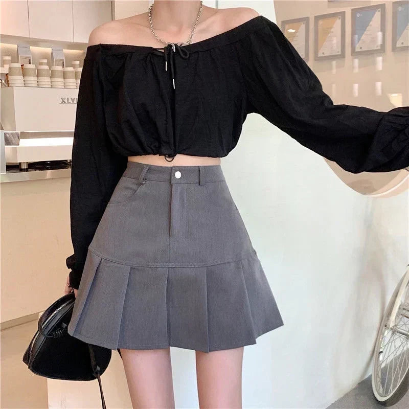 High Waist Button Front Pleated Hem A-Line Mini Skirt 2
