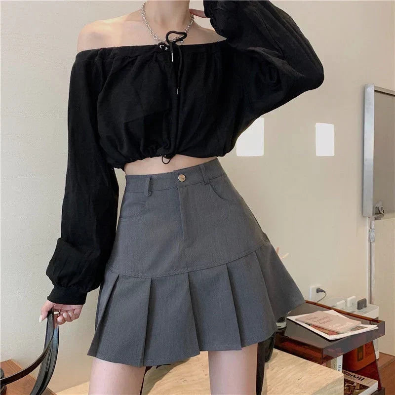 High Waist Button Front Pleated Hem A-Line Mini Skirt