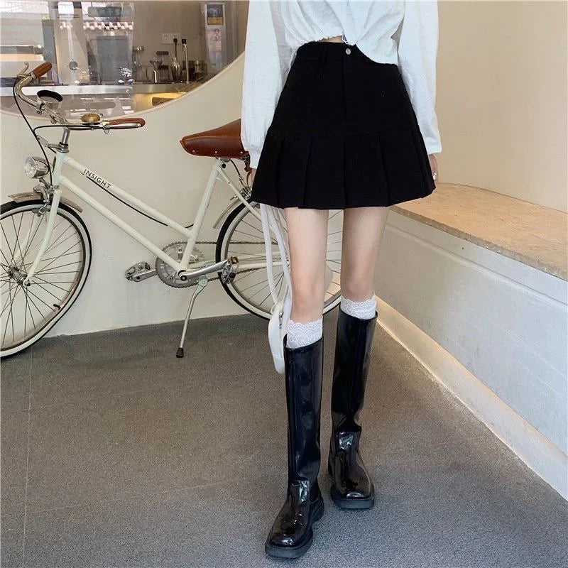High-Waist Pleated Denim Mini Skort