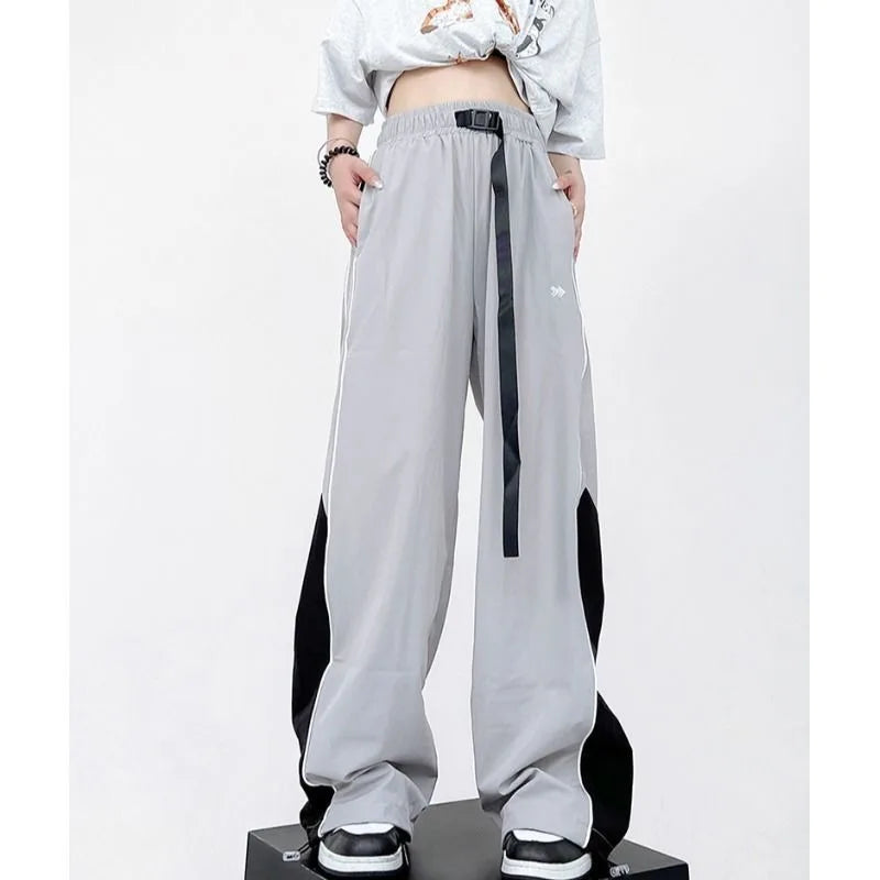 Buckle Belt Contrast Side Panel Piping Wide Leg Track Pants 5