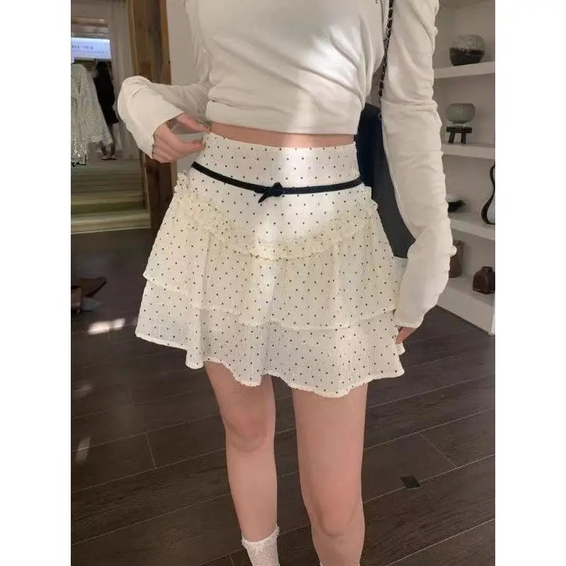 Ruffle Fairycore Lace Bow Layered Dot Skirt White / S