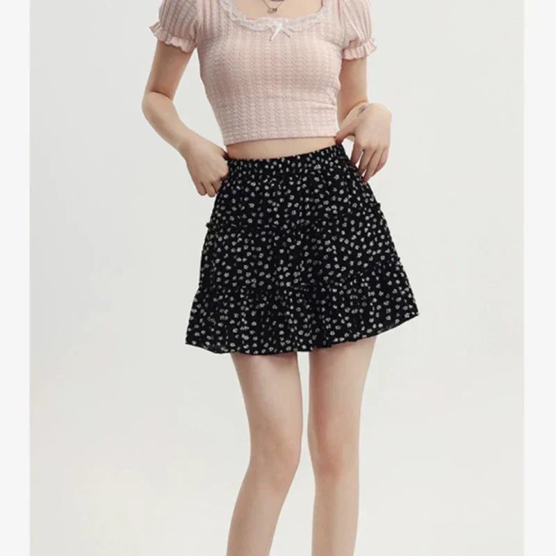 Black Floral Sweet Pleated Kawaii Patchwork Skirt