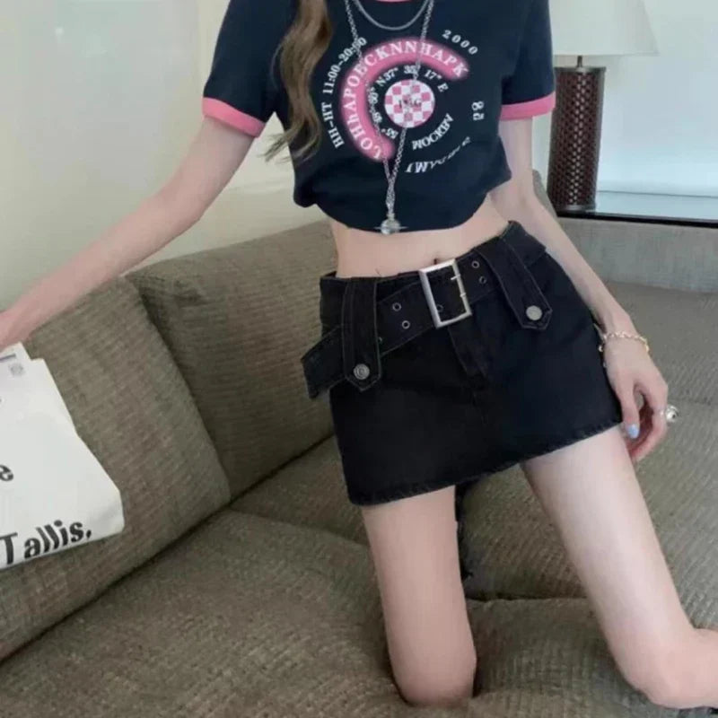 High-Waist Vintage Washed Pleated Denim Mini Skort