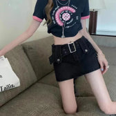 High-Waist Vintage Washed Pleated Denim Mini Skort