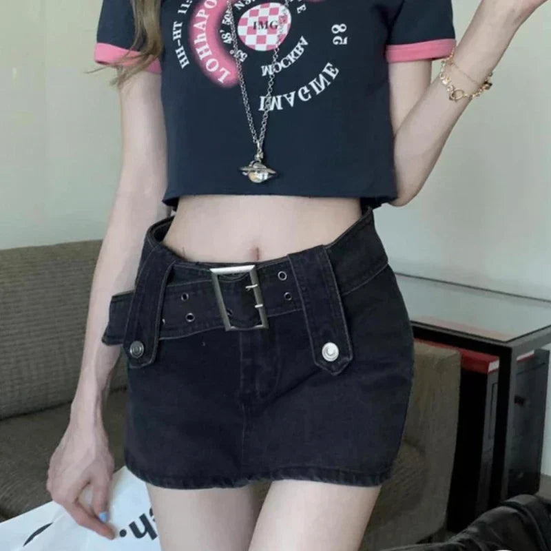 High-Waist Vintage Washed Pleated Denim Mini Skort