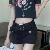 High-Waist Vintage Washed Pleated Denim Mini Skort