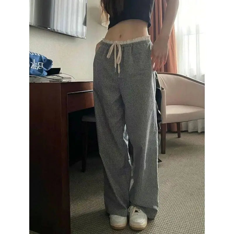 Gingham Drawstring Frill Waist Straight Wide Leg Pants