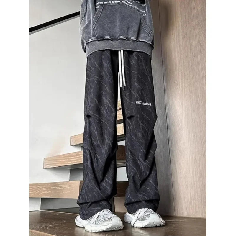 Marble Wash Drawstring Waist Pleated Wide Leg Pants 2