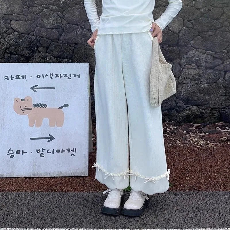 Bow Lace Trim Scalloped Hem Ribbed Wide Leg Pants