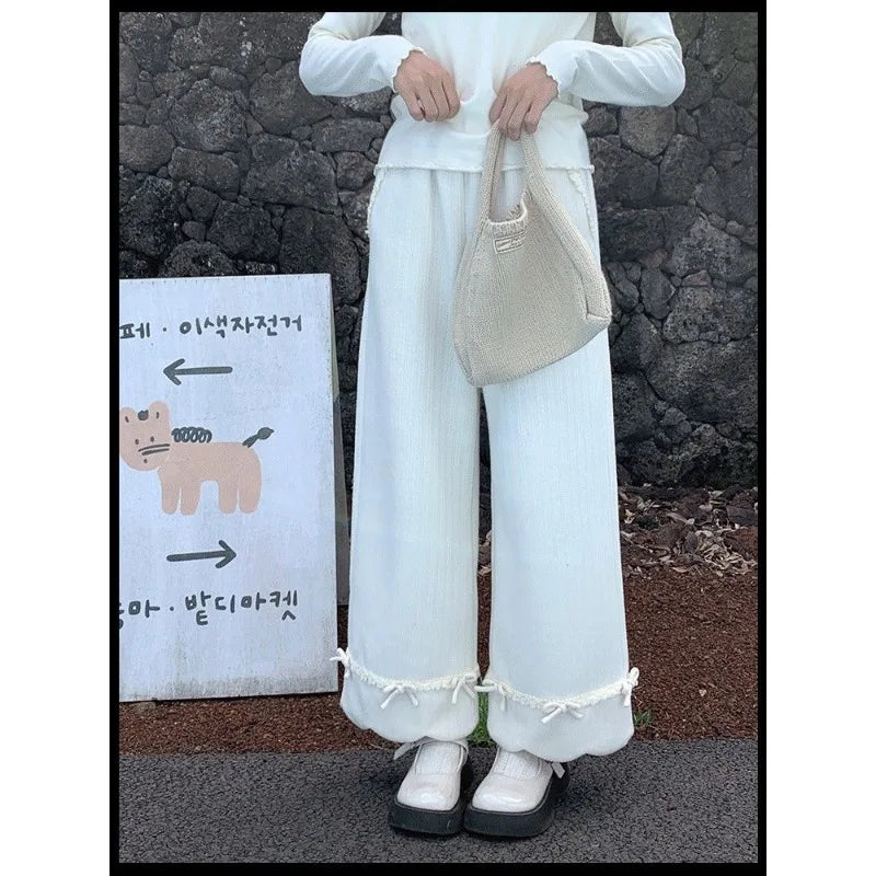 Bow Lace Trim Scalloped Hem Ribbed Wide Leg Pants 2