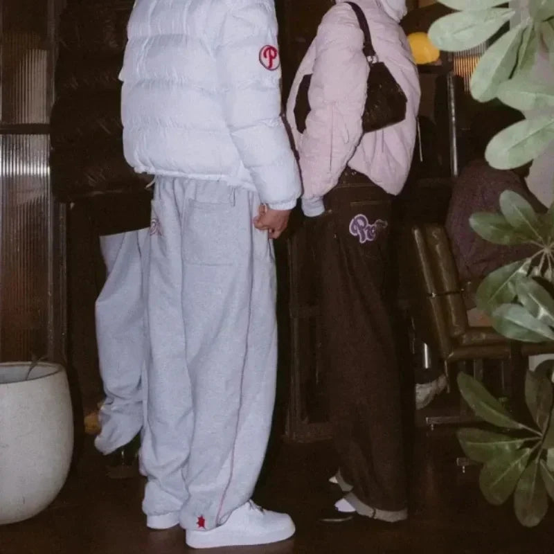 Embroidered Graphic Contrast Stitch Baggy Fleece Sweatpants 4