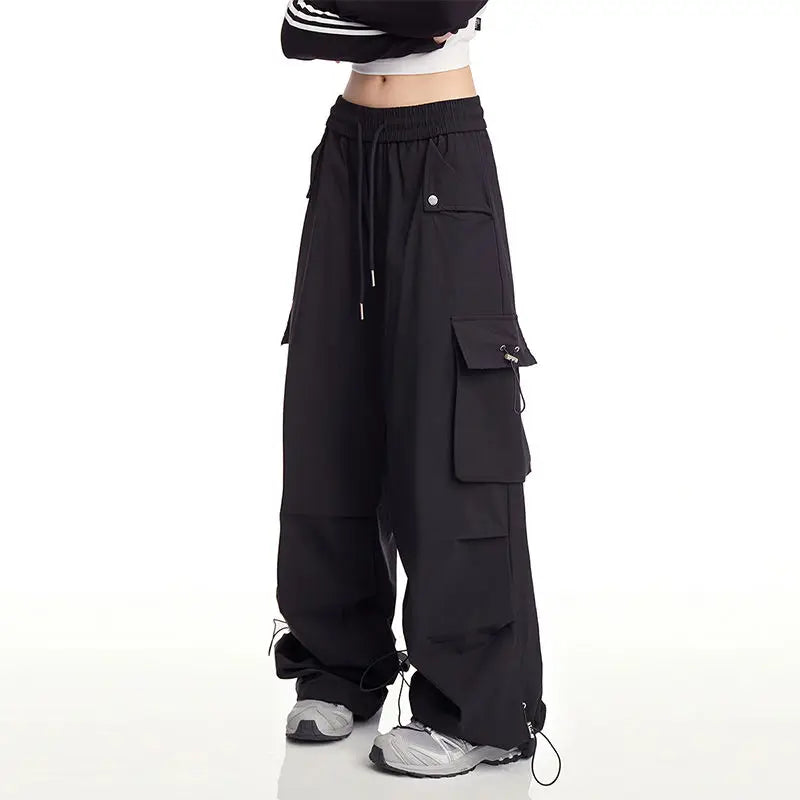 Elastic Drawstring Waist Flap Pocket Wide Leg Cargo Pants 8