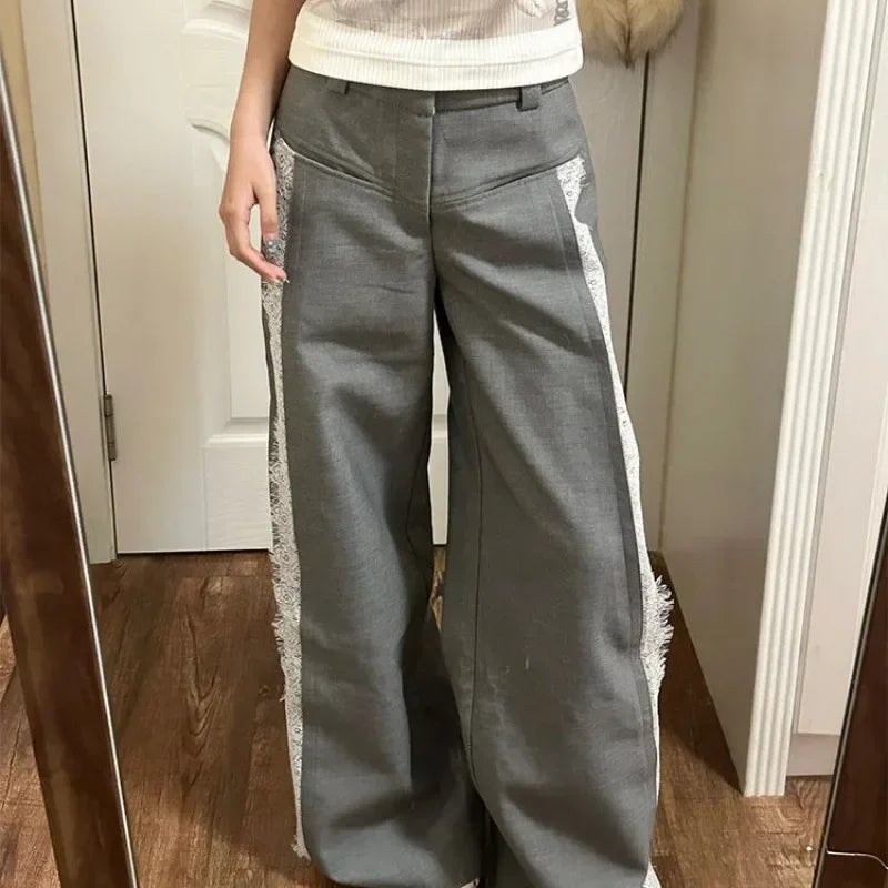 Gray Lace Y2K Women Suit Wide Leg Pants white / S