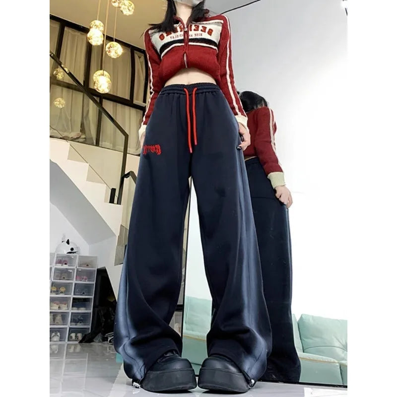 Embroidered Contrast Drawstring Elastic Waist Wide Leg Sweatpants