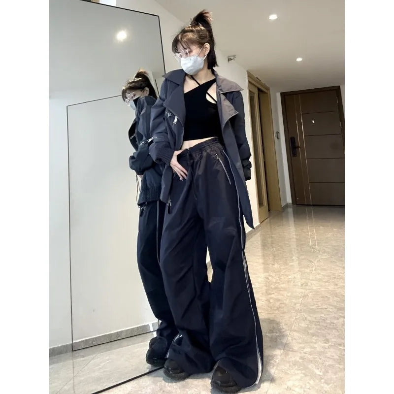 Side Zip Piped Seam Drawstring Waist Wide Leg Parachute Pants 5