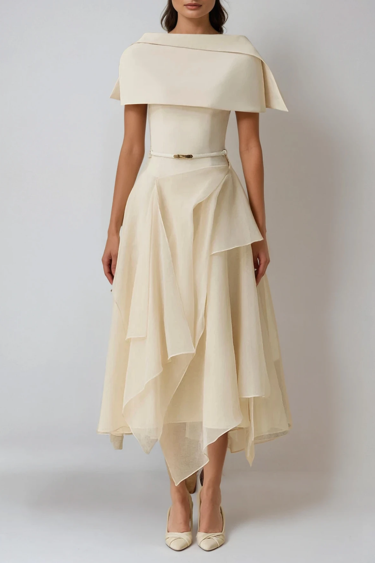 Two Deividas Piece Shawl Ruffle Midi Dress