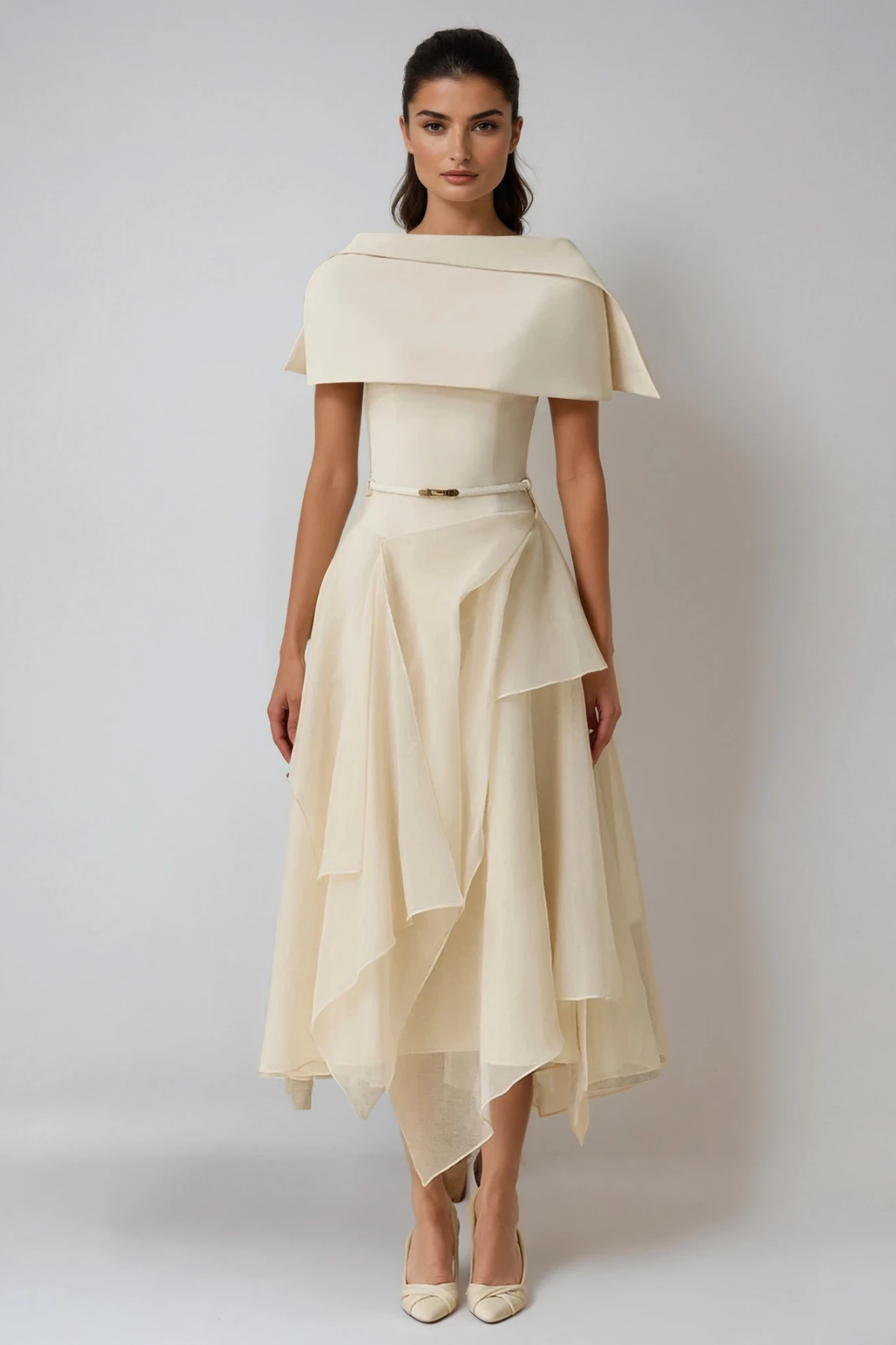 Two Deividas Piece Shawl Ruffle Midi Dress