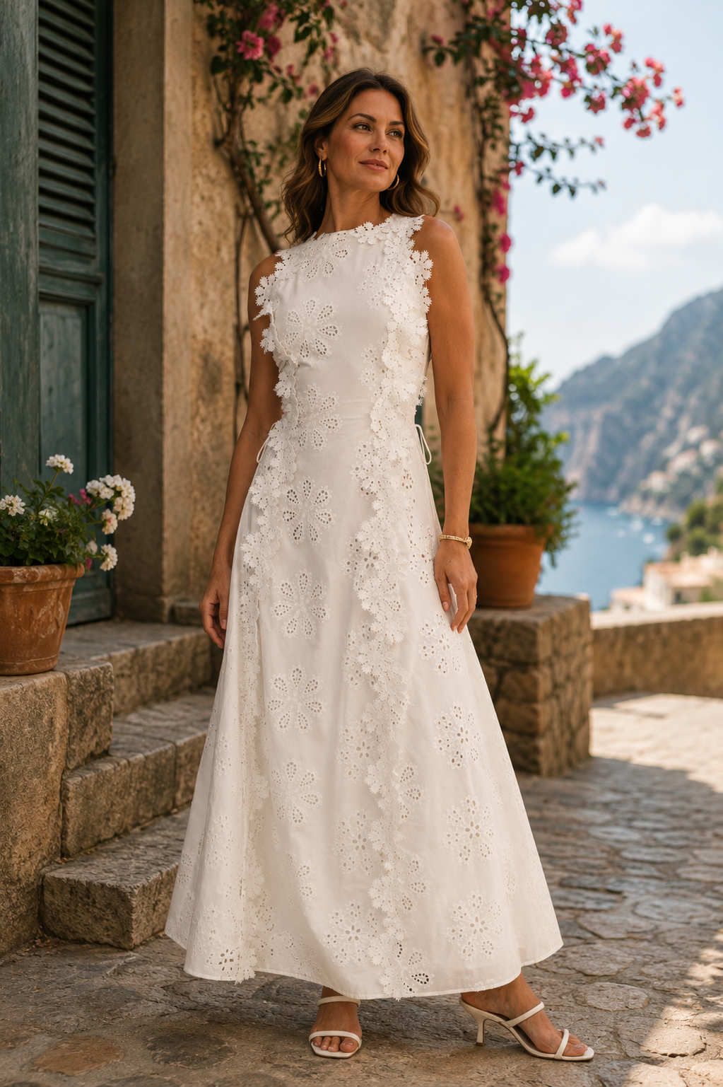 Eyelet Lace Floral Appliqué Sleeveless A-Line Maxi Dress