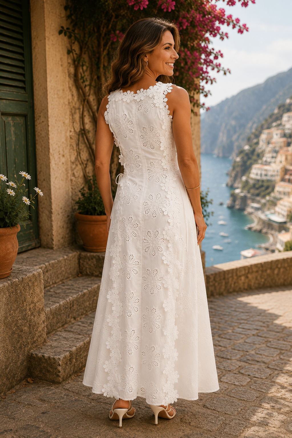 Eyelet Lace Floral Appliqué Sleeveless A-Line Maxi Dress
