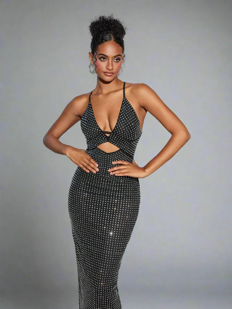 Sparkle Knit Halter Deep V-Neck Fitted Column Maxi Dress 10