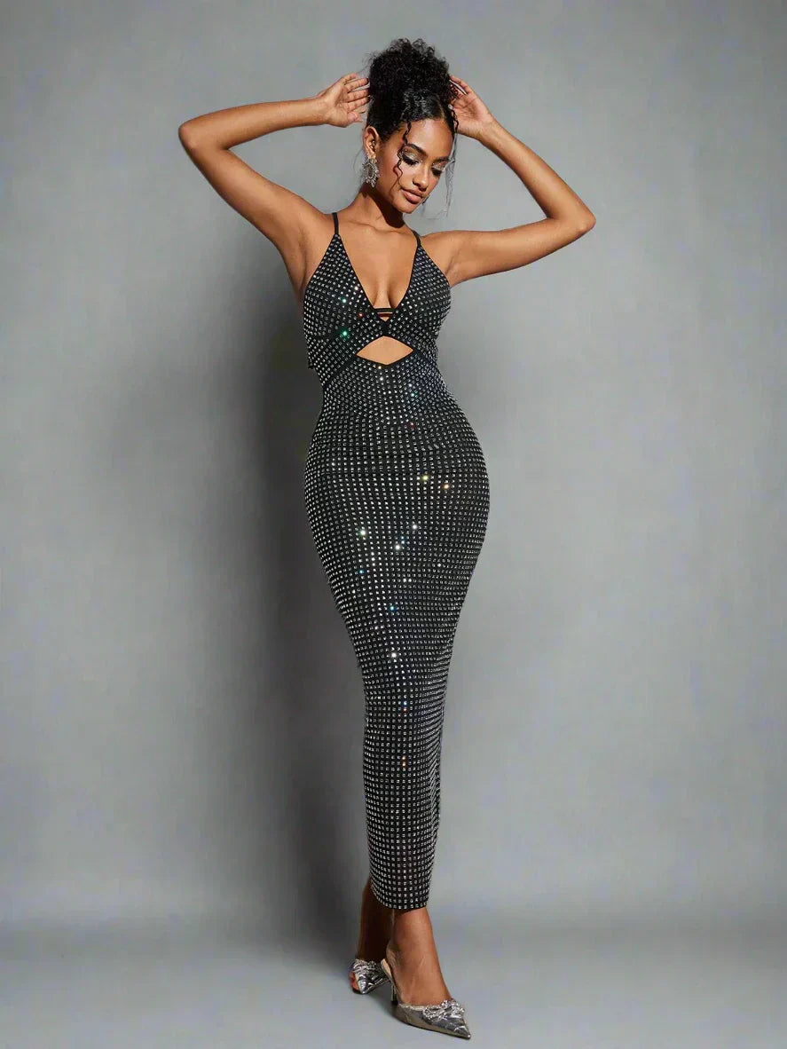 Sparkle Knit Halter Deep V-Neck Fitted Column Maxi Dress 13
