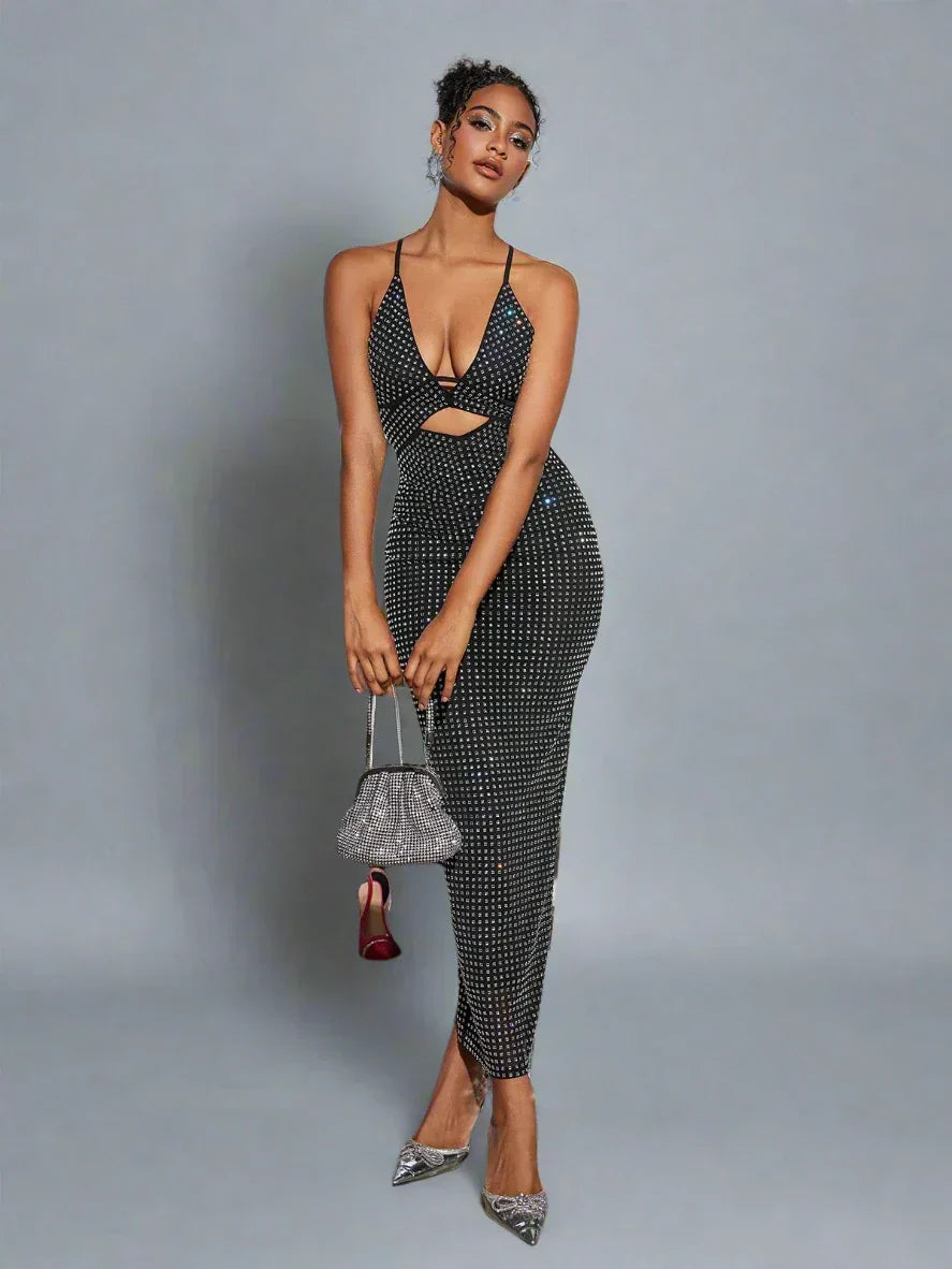 Sparkle Knit Halter Deep V-Neck Fitted Column Maxi Dress 11