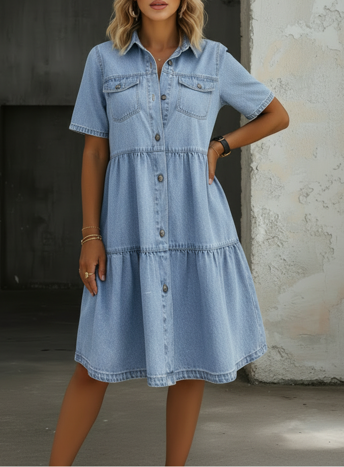 Short Sleeve Tiered Button Front Denim Shirt Dress