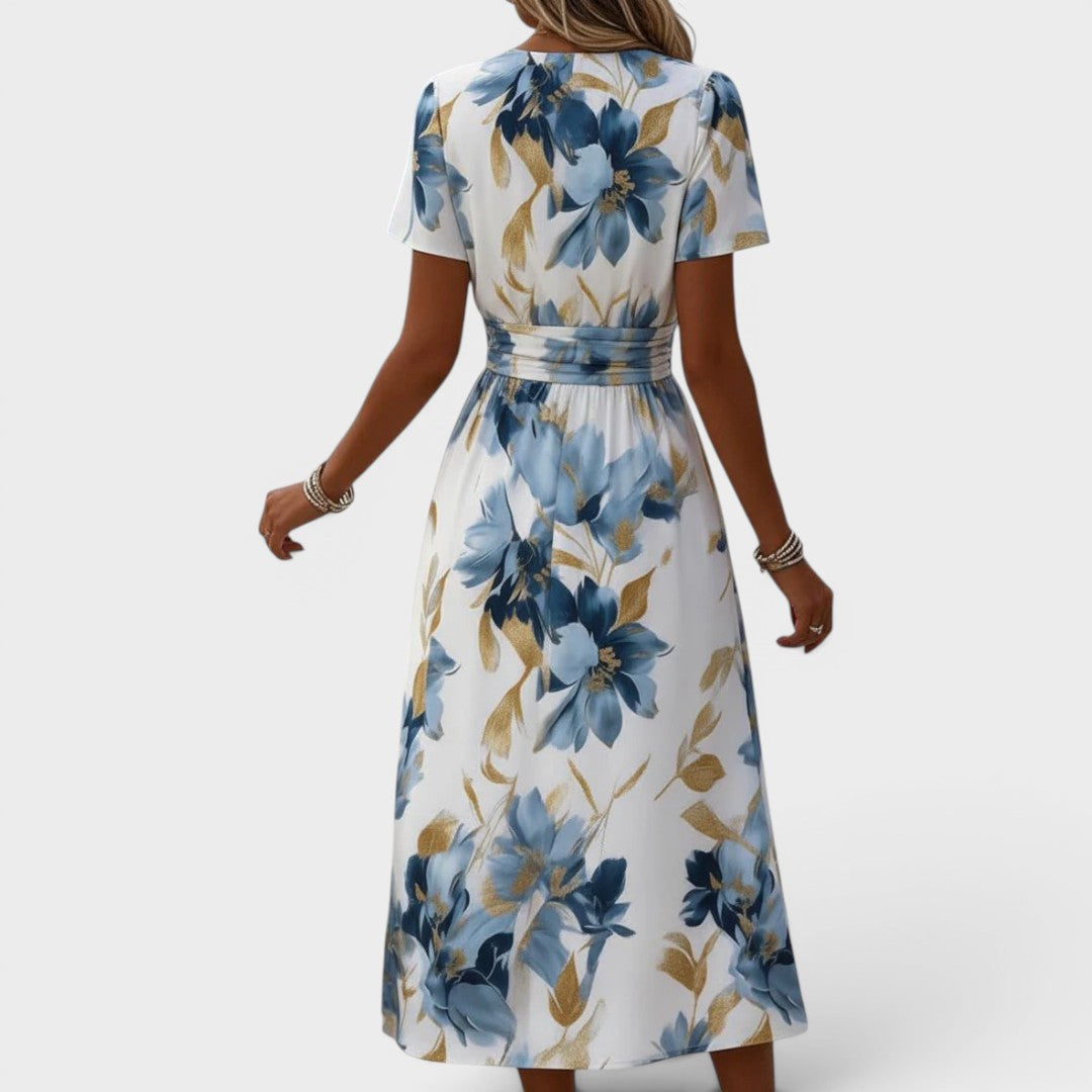 Floral Print Deep V-Neck Short Sleeve Wrap Midi Dress