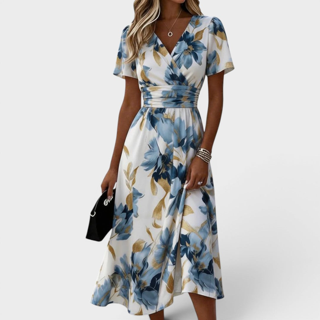Floral V-Neck Short Sleeve Wrap Waist Midi Dress