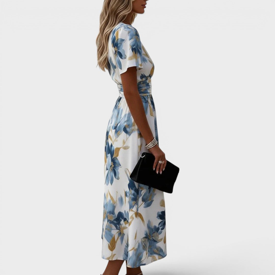 Floral Print Deep V-Neck Short Sleeve Wrap Midi Dress