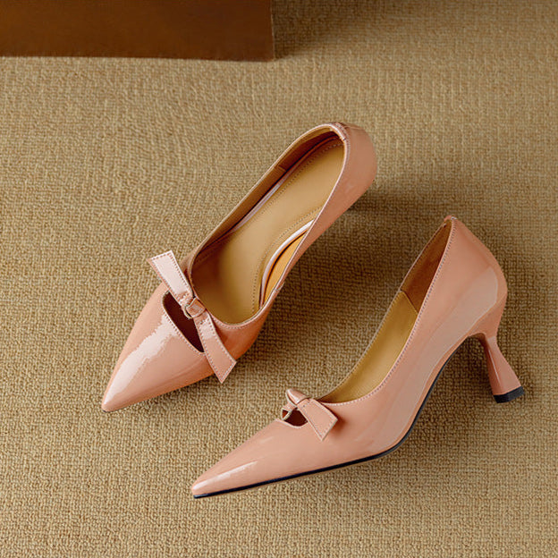Pointed Toe Bow Strap Mary Jane Kitten Heel Pumps