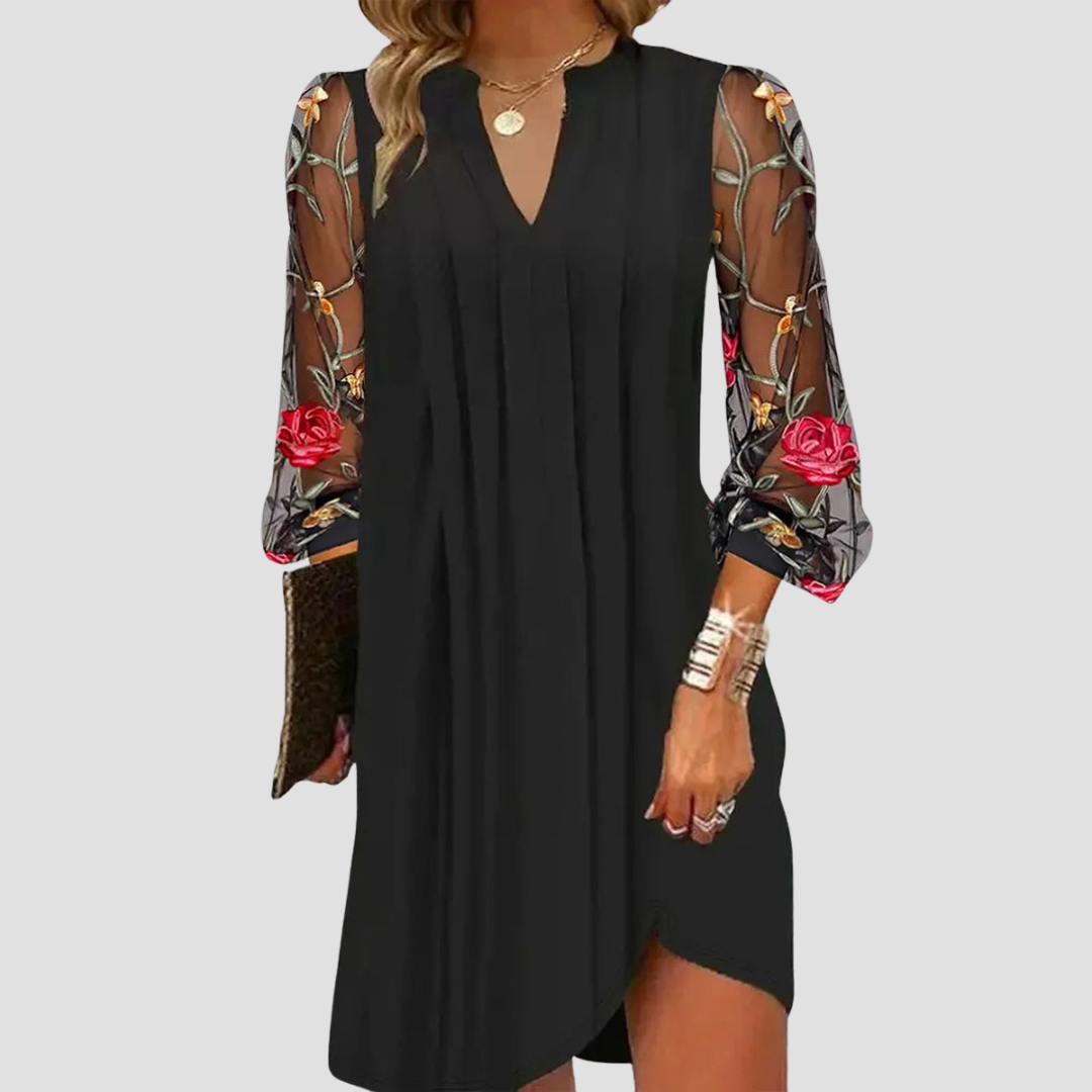 Embroidered Mesh Long Sleeve V-Neck Shift Dress