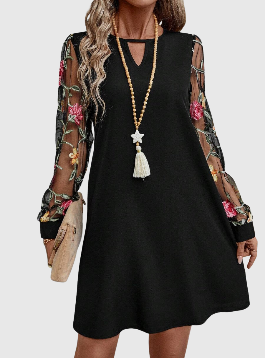 Keyhole Neck Floral Embroidered Mesh Sleeve Shift Mini Dress