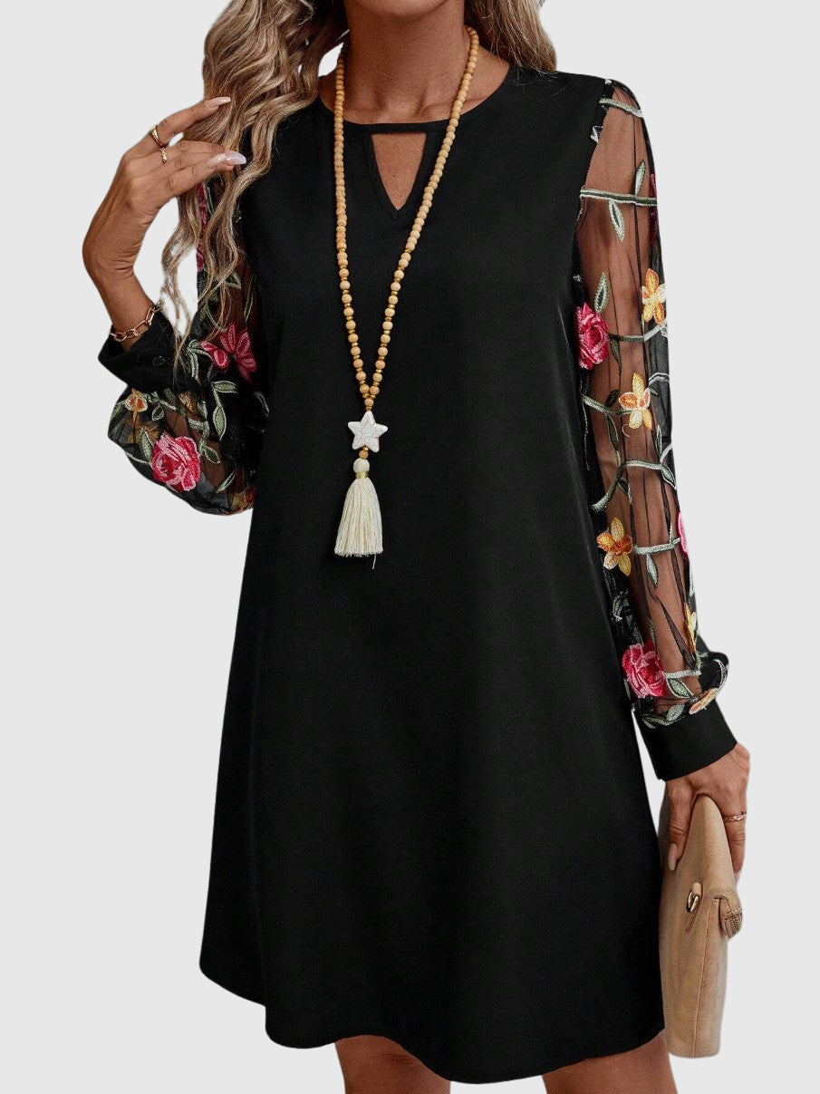 Keyhole Neck Floral Embroidered Mesh Sleeve Shift Mini Dress