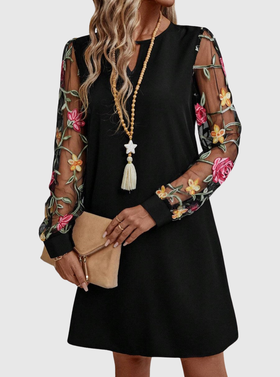 Keyhole Neck Floral Embroidered Mesh Sleeve Shift Mini Dress