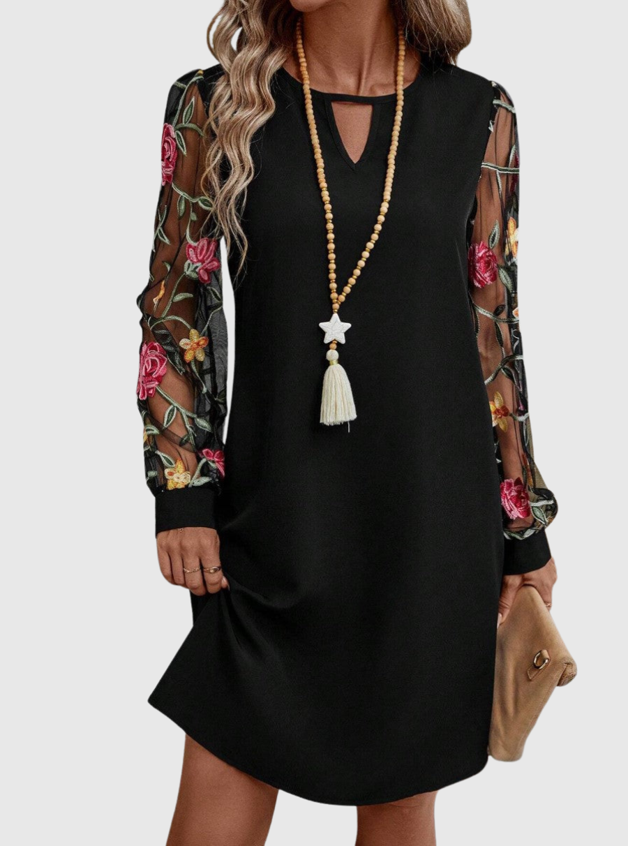 Keyhole Neck Floral Embroidered Mesh Sleeve Shift Mini Dress