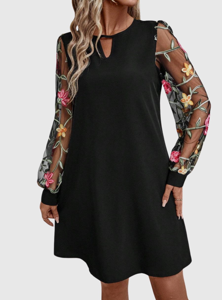 Keyhole Neck Floral Embroidered Mesh Sleeve Shift Mini Dress