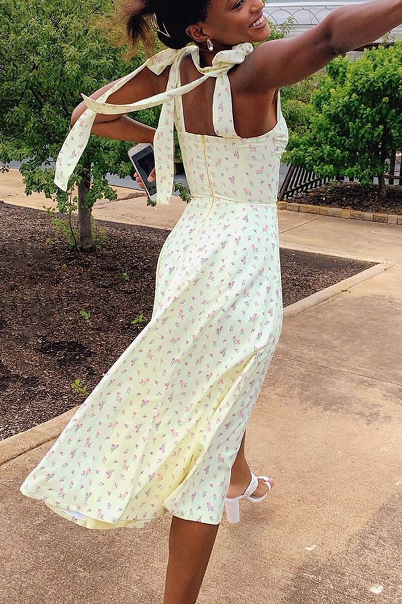Chic Yolaina Pretty Midi Dress with Straps and Slit Silhouette Collection
