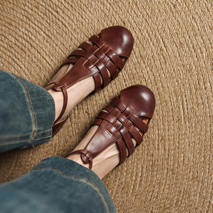 Closed Toe Woven Cage Strap Low Block Heel Sandals
