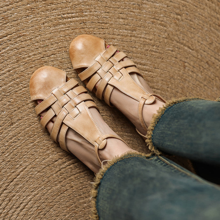 Closed Toe Woven Strap Ankle Buckle Block Heel Sandals