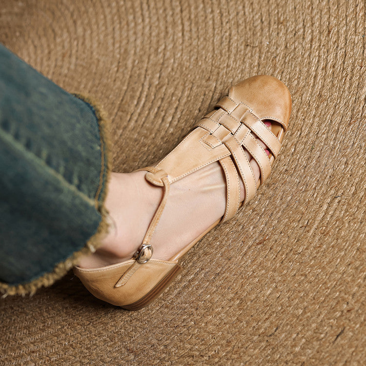 Closed Toe Woven Strap Ankle Buckle Block Heel Sandals
