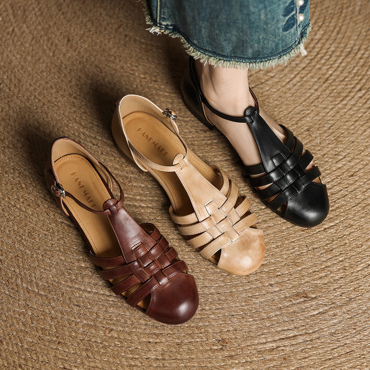 Closed Toe Woven Strap Ankle Buckle Block Heel Sandals