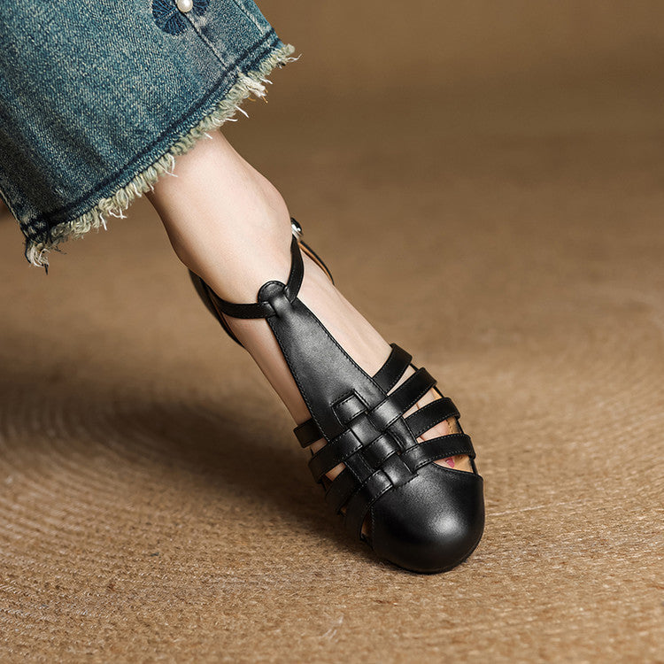 Closed Toe Woven Cage Strap Low Block Heel Sandals