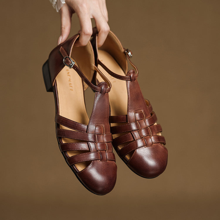 Closed Toe Woven Cage Strap Low Block Heel Sandals