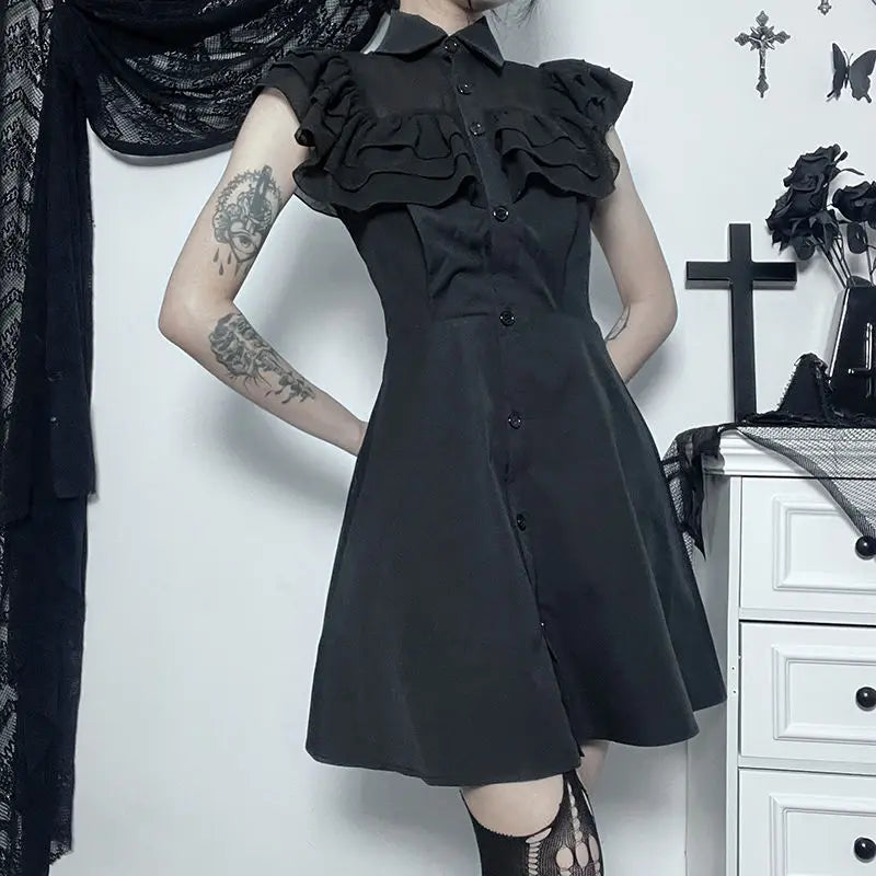 Gothic Ruffled Mesh Splicing A-Line Black Dress